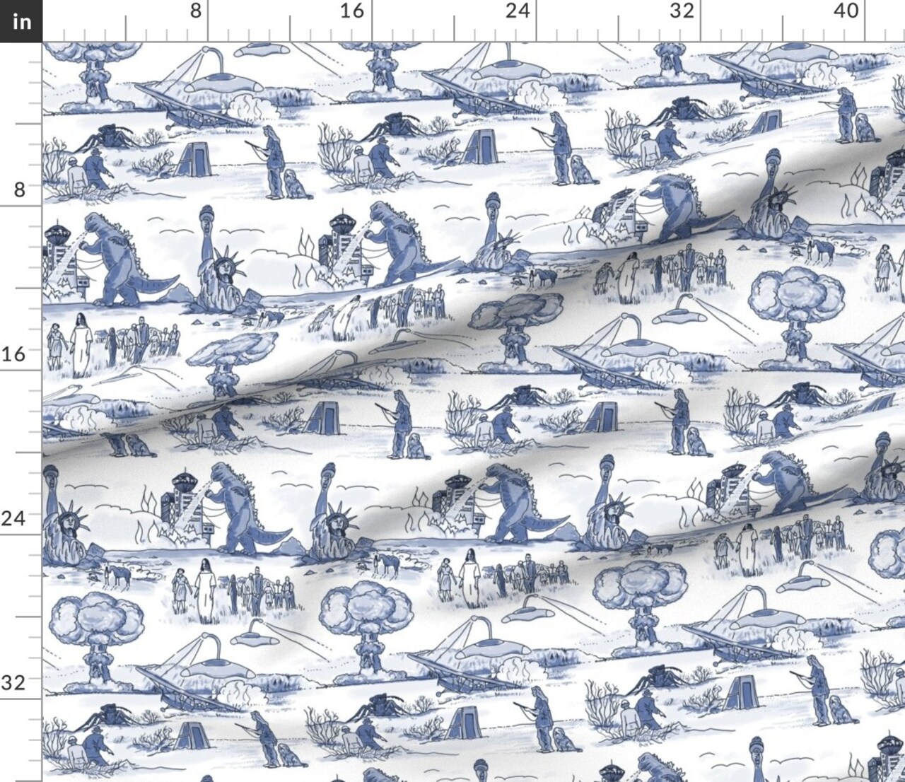 Toile Zombie Apocalypse Scary Monster Blue White Custom Printed Fabric by Spoonflower Various Fabrics by the Yard or Fat Quarter